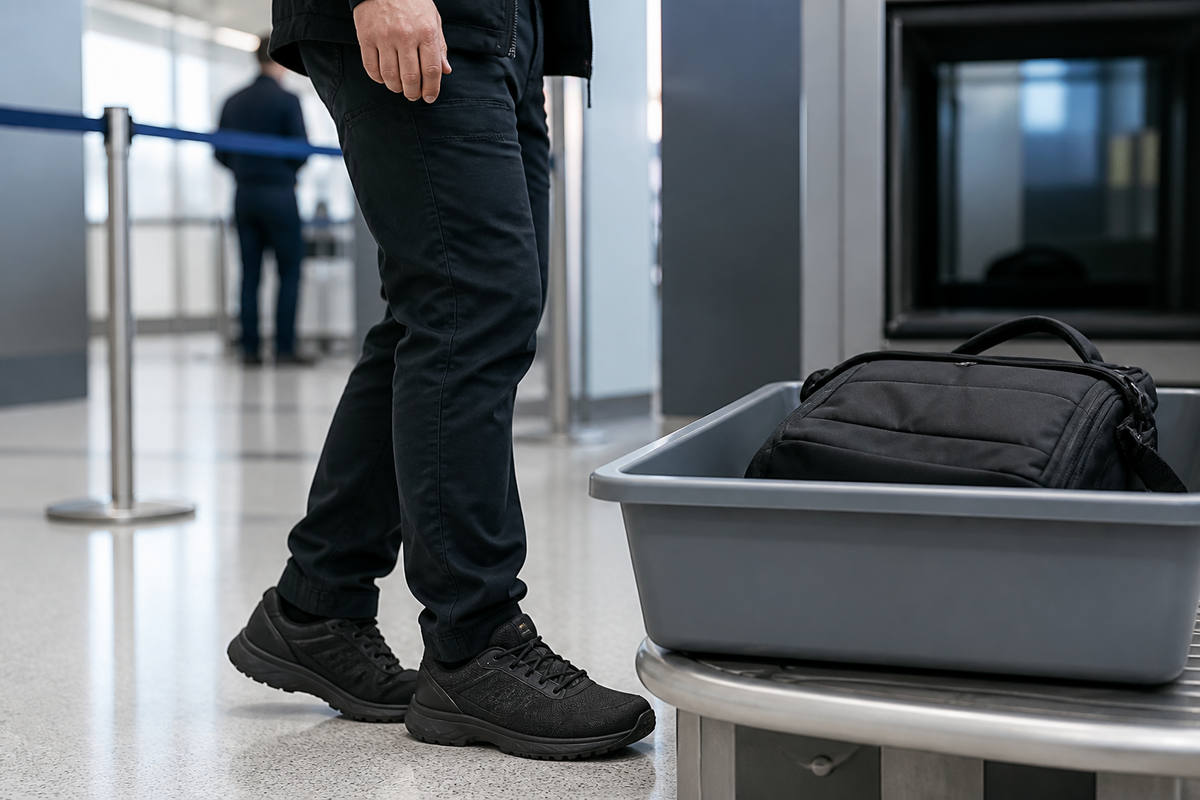 Traveler wearing black steel toe work shoes beside an airport security tray