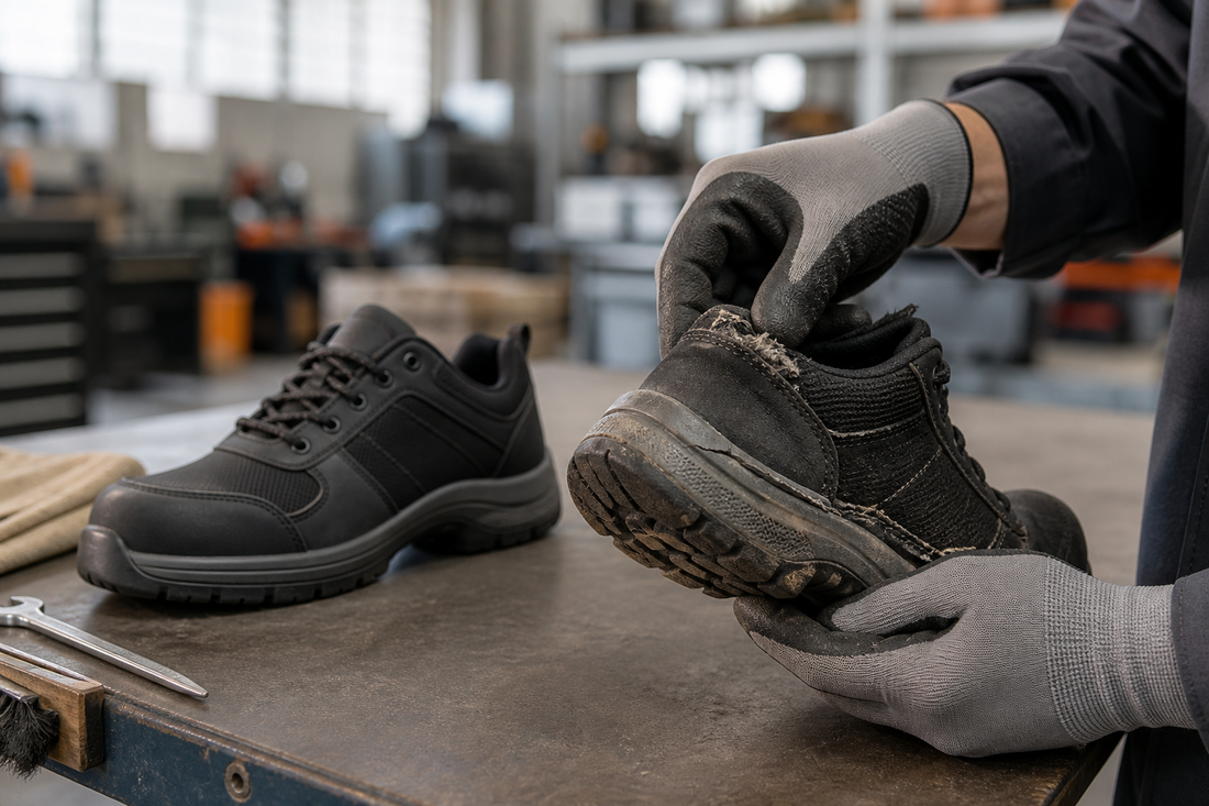 Worker inspecting worn steel toe work shoes beside a newer replacement pair