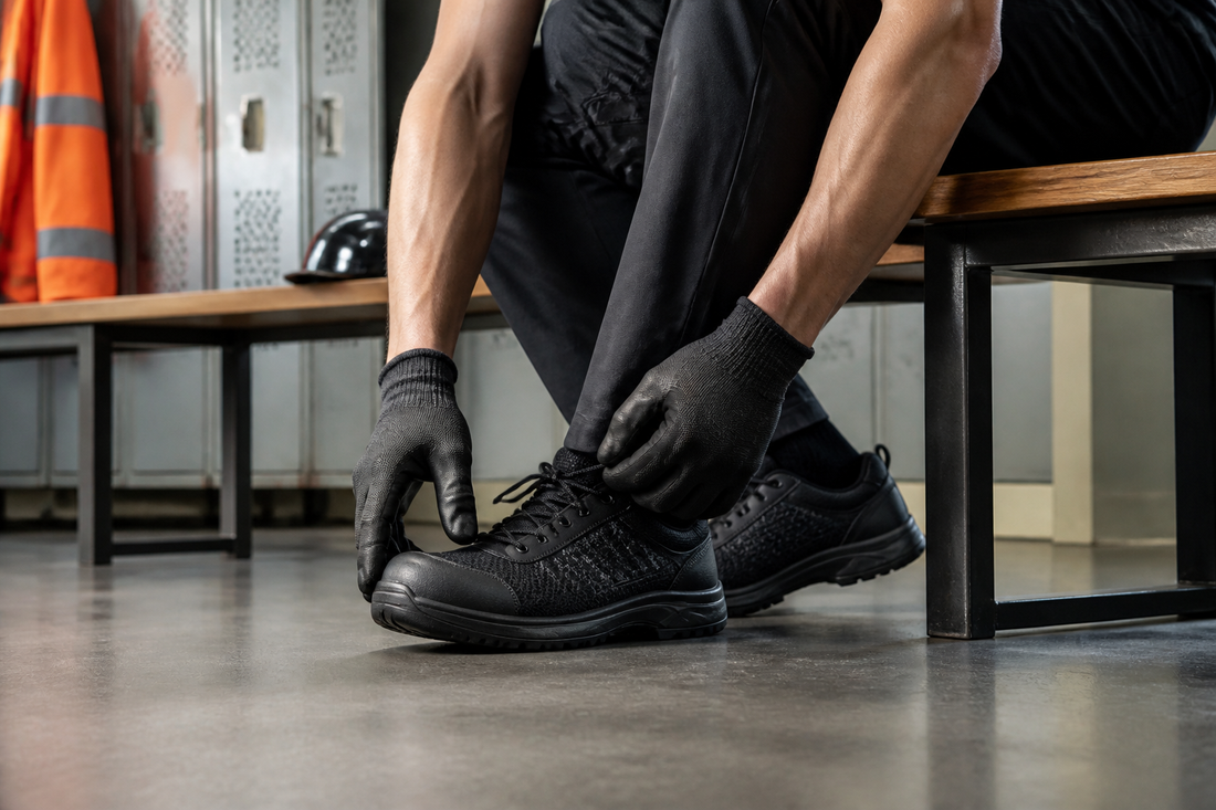 Worker checking the fit and toe room of black steel toe work shoes