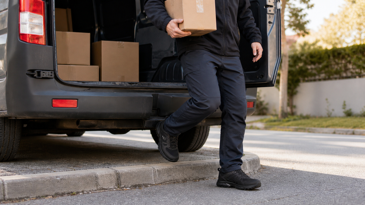 Delivery driver wearing black steel toe shoes while stepping down from an unbranded cargo van
