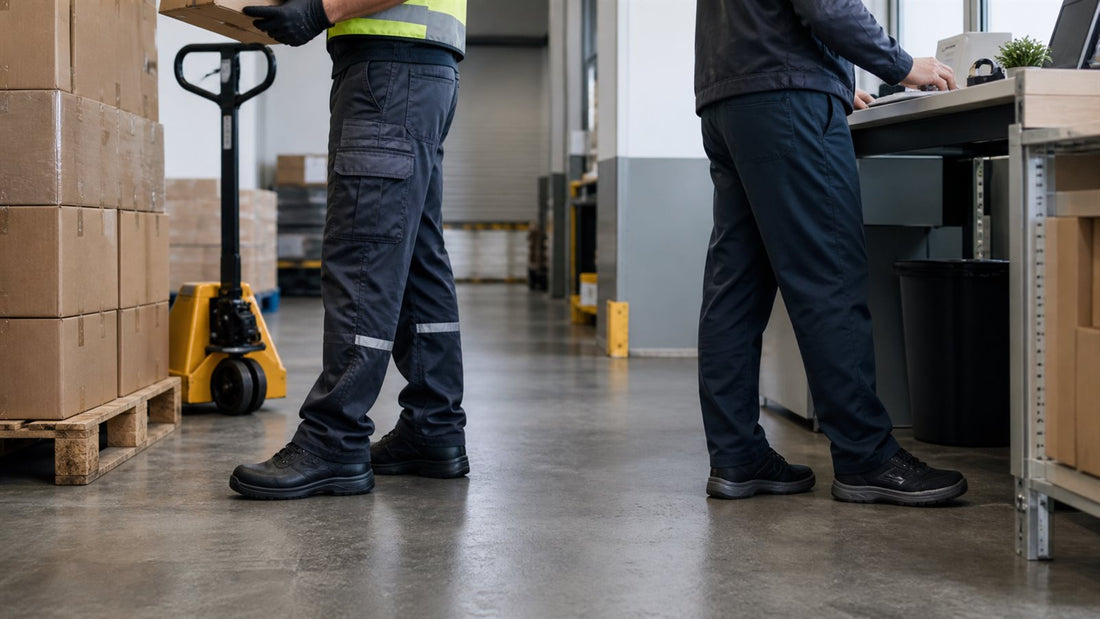 Warehouse worker in protective-toe work shoes beside a dispatch worker in soft-toe shoes