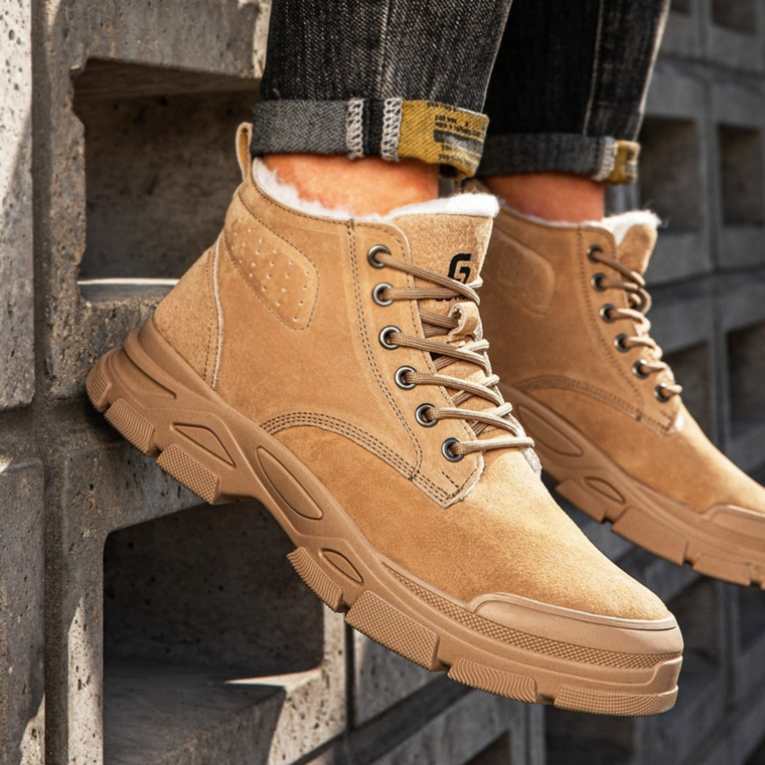 Worker wearing tan fleece-lined suede winter work boots on industrial stairs