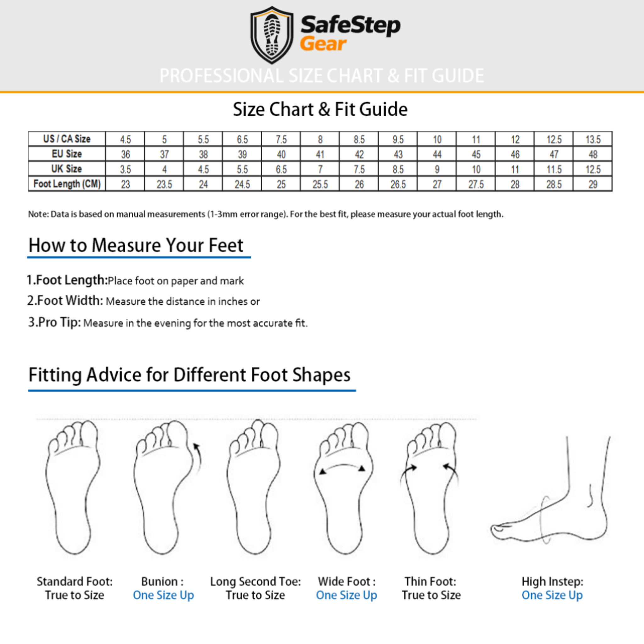 SafeStep PRO official size chart and fit guide with US EU UK conversion table and measuring instructions for steel toe safety sneakers
