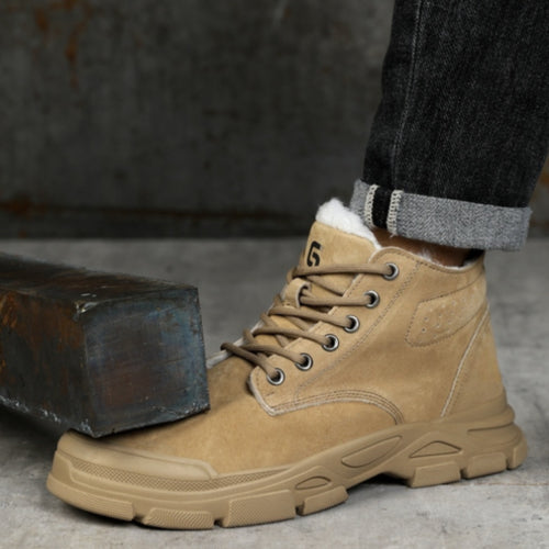 Detailed interior view of SafeStep winter work boots showing thick thermal fur lining and widened impact-resistant steel toe cap.