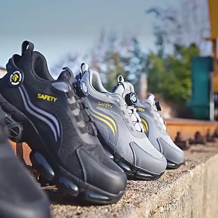Video demonstration of SafeStep rotary buckle safety sneakers, showcasing the quick-lacing system, lightweight comfort, and breathable athletic design for modern workers.