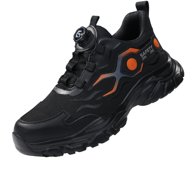 Rotary buckle steel toe work sneakers for men and women, featuring a quick-lacing system and breathable athletic mesh in black and orange.