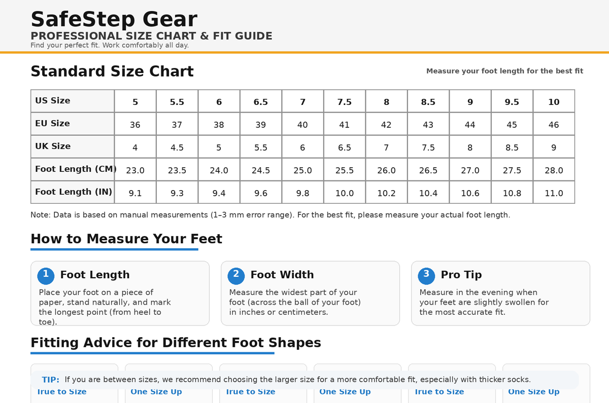 SafeStep Gear standard size chart with US, EU, UK, and foot length measurements
