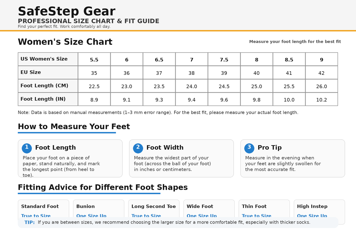 SafeStep Gear women's size chart with US women's size, EU size, and foot length measurements